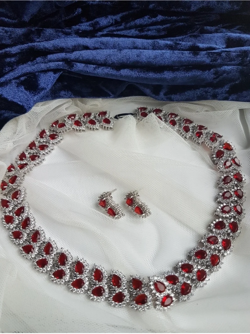 Swarovski Elements Platinum Ruby Red All-around Tennis Necklace & Earrings SET